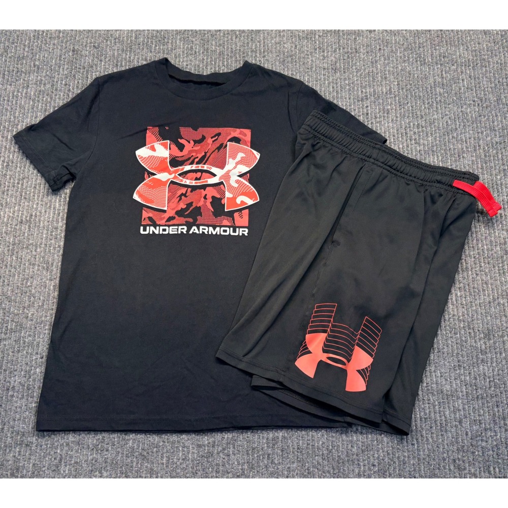Under Armour Boys Black Orange Camo Logo T-Shirt and HeatGear Shorts Set Size M